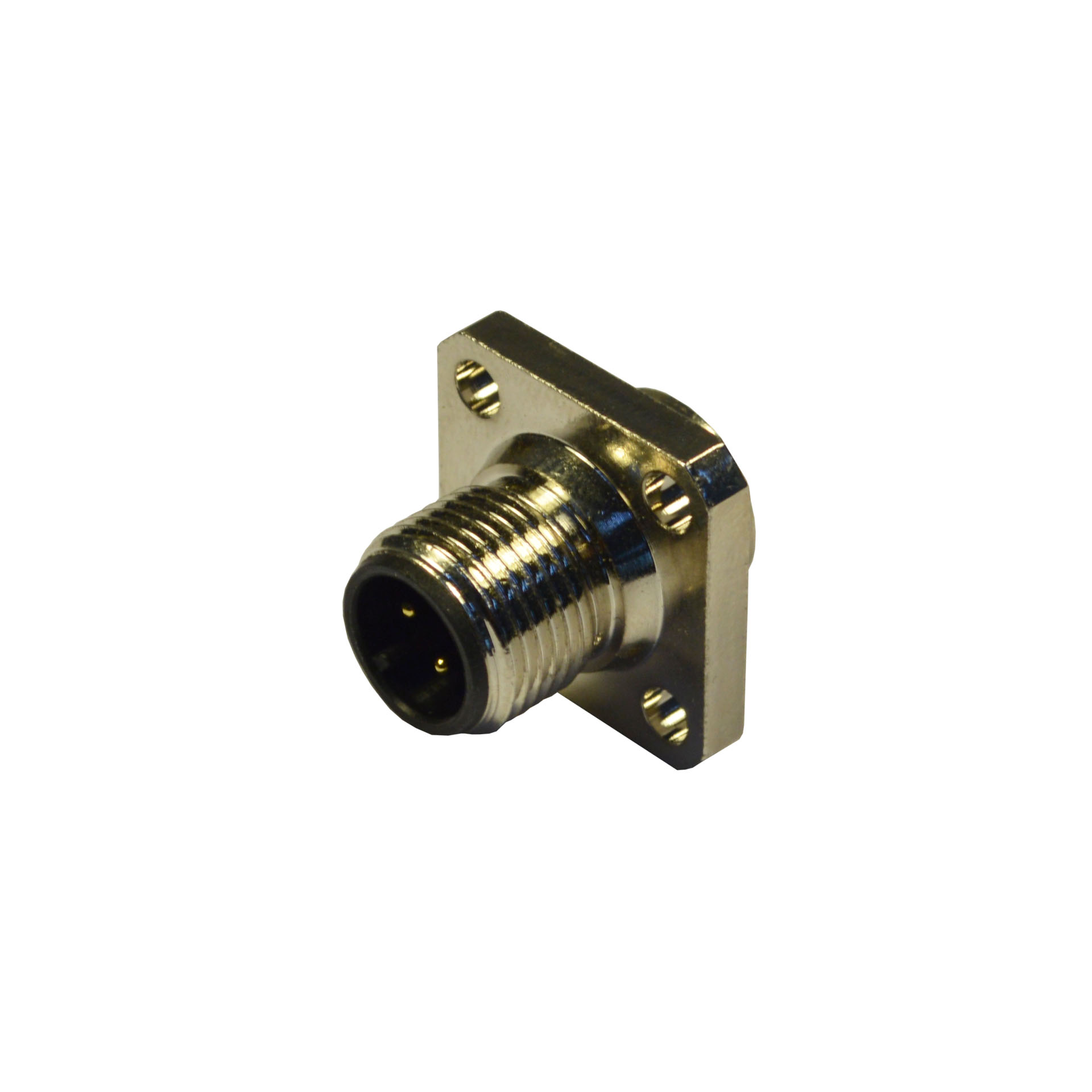M12 to panel,male,frontal mounting with square flange 20x20mm,4p.,solder contacts